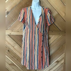 Xhilaration Rust Navy Cream Striped Short Sleeve Wrap Dress